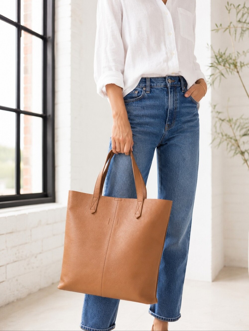 LOFT Cognac Brown Pebbled Leather Minimalist Everyday Tote Bag Shoulder Purse